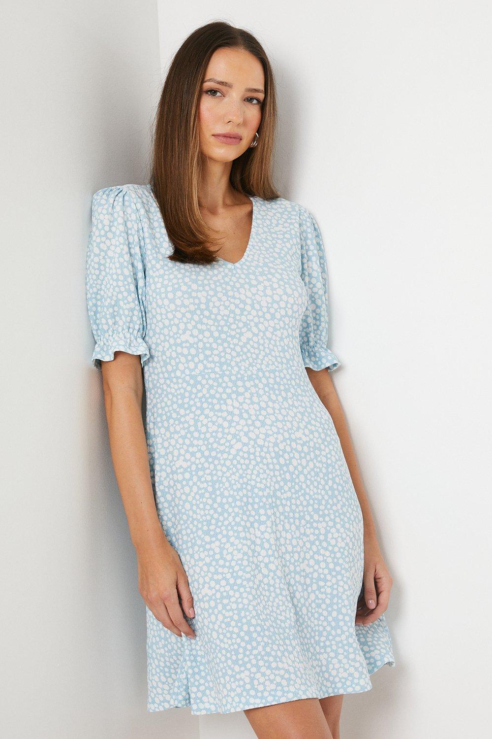 Womens Blue Abstract V Neck Short Sleeve Mini Dress